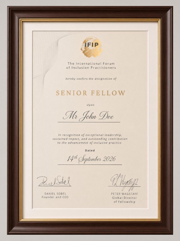 Sample prestige Fellowship certificate for Senior Fellow, shown in a frame for illustration.